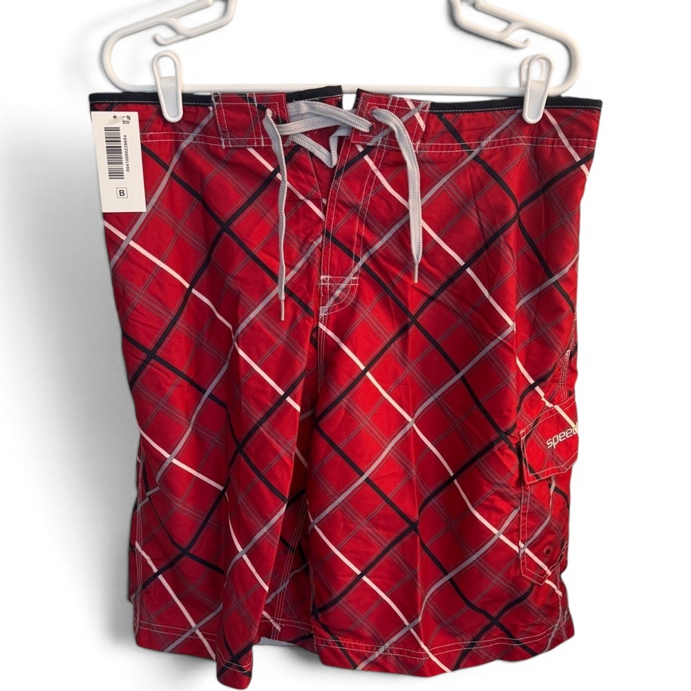Speedo‎ Board Shorts Men Large Red Plaid Swim Trunks Cargo Pocket Mesh Lined